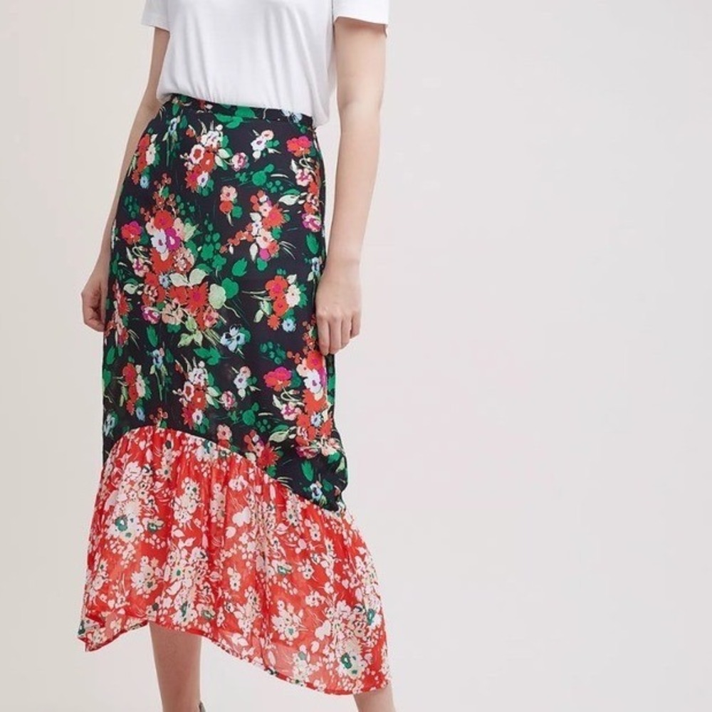 Rixo London Leandra Midi Silk Floral Skirt Size Small Mixed Print